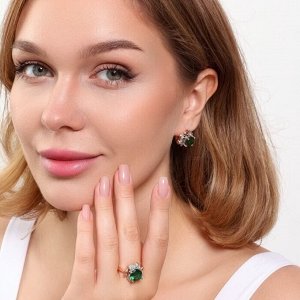 Комплект ювелирная бижутерия коллекция  "Дубай" серьги и кольцо 19 р, покрытие: позолота, вставка: фианиты, цвет: зеленый и прозрачный, арт.313.119-19