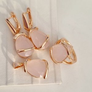 Комплект ювелирная бижутерия коллекция  "Дубай" серьги, кулон и кольцо 19 р, покрытие: позолота, вставка: фианит, цвет: розовый матовый, арт.313.059-19