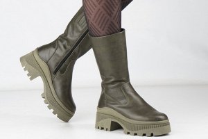 Сапоги женские на полную ногу из натуральной кожи зеленые демисезон, подклад байка