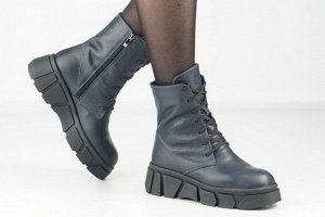 Ботинки женские синие из натуральной кожи демисезон, подклад байка