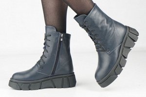Ботинки женские синие из натуральной кожи демисезон, подклад байка