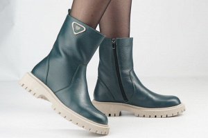 Ботинки женские зеленые из натуральной кожи зима, подклад шерстяной мех
