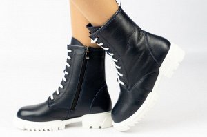 Ботинки женские синие из натуральной кожи зима, подклад шерстяной мех