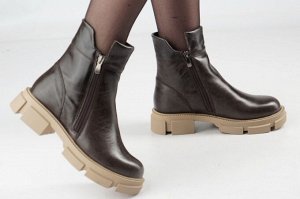 Ботинки женские коричневые из натуральной кожи зима, подклад шерстяной мех