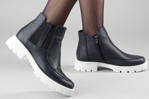 Ботинки женские синие из натуральной кожи зима, подклад шерстяной мех