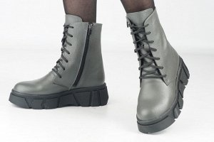 Ботинки женские серые из натуральной кожи демисезон, подклад байка