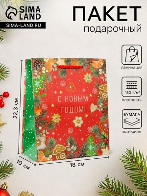 Пакет подарочный новогодний ламинированный «С новым годом!», 18x22.3x10 см