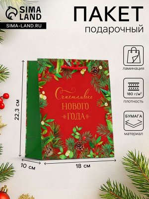 Пакет подарочный новогодний ламинированный «Счастливого Нового года», на красном, 18x22.3x10 см