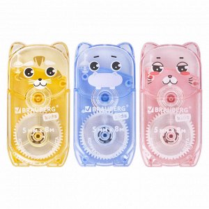 Корректирующая лента BRAUBERG KIDS "ЗВЕРЯТА", 5мм х 8м, механизм перемотки, ассорти, блистер, 1 шт, 272499