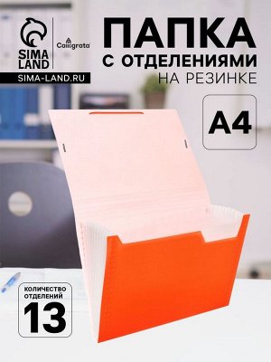 Папка А4, 13 отделений, 700 мкм, Calligrata TOP «Неон», на резинке, оранжевая, резинка в цвет