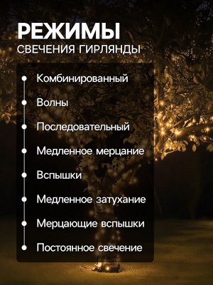 Гирлянда «Клип-лайт» 3 нити по 10 м, IP44, УМС, тёмная нить, 198 LED, свечение тёплое белое, 8 режимов, 24 В