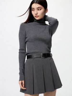 UNIQLO - свитер с высоким воротником в рубчик из шерсти мериноса - 06 GRAY