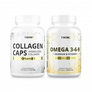 Набор витаминов. Omega 3-6-9 с селеном и витамином Е 60 капсул + Коллаген с Витамином С 155 капсул