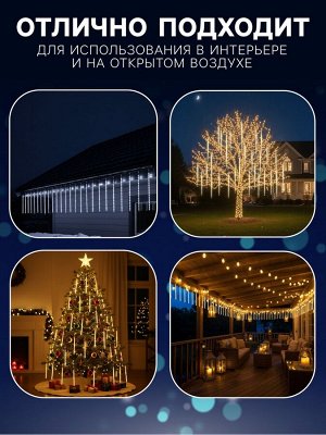 Гирлянда «Сосульки» 2.5*0.5 м, IP65, прозрачная нить, 288 LED, свечение белое с эффектом стекания, 12 В