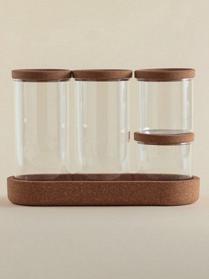 Банки для сыпучих SL Home «Алькорноке», 2 банки 280 ми, 2 банки 650 мл, с пробковой крышкой, на подставке, стекло, прозрачные