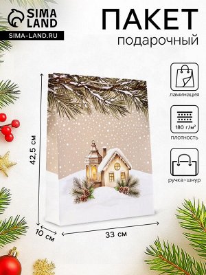 Пакет подарочный новогодний ламинированный, «Новогодний домик», 33x10x42.5 см