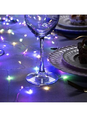 Гирлянда «Мишура» 2 м роса, IP20, серебристая нить, 50 LED, батарейки CR2032x2 (в комплекте), свечение мульти