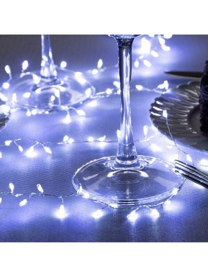 Гирлянда «Мишура» 1 м роса, IP20, серебристая нить, 100 LED, 2 режима, батарейки AAх3 (нет в комплекте), свечение белое