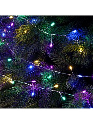 Гирлянда «Мишура» 50 м роса, IP44, серебристая нить, 1500 LED, 8 режимов, свечение мульти, 36 В