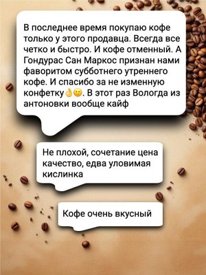 Кофе зерно Гондурас Сан Маркос, 250 гр., 100% арабика – карамель, молочный шоколад и орех. Умеренная кислотность. герметичная упаковка с ZIP-замком