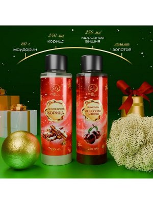 Новогодний подарочный набор косметики SB BEAUTY, шампунь, кондиционер, бомбочка, мочалка, с ароматом вишни, мандарина и корицы