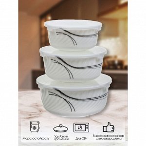 Салатник стеклокерамика, круглый, 3 шт, 9 см, 19, 16, 14 см, 0.5, 0.8, 1.4 л, с крышкой, Токио, Daniks, HDW3T-P