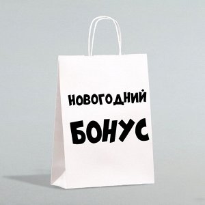Пакет бумажный подарочный новогодний крафт «Новогодний бонус», белый, 28x24x14 см