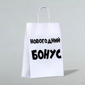 Пакет бумажный подарочный новогодний крафт «Новогодний бонус», белый, 28x24x14 см