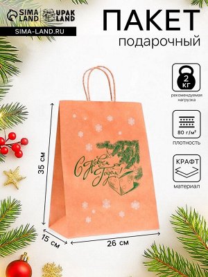 Пакет бумажный подарочный новогодний крафт, «Новый год и подарок!», зеленый 26x15x35 см