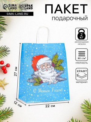 Пакет бумажный подарочный новогодний крафт «Дедушка мороз» 22x12x27 см