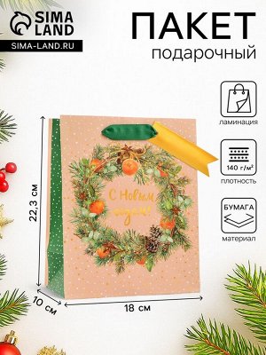 Пакет подарочный новогодний ламинированный «С новым годом!», люкс, 18x22.3x10 см
