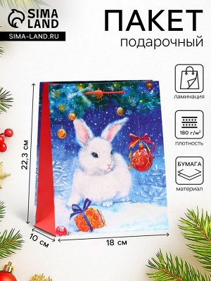 Пакет подарочный новогодний ламинированный «Зайчонок в снегу», 18x22.3x10 см