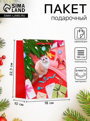 Пакет подарочный новогодний ламинированный «Кошечка», 18x22.3x10 см