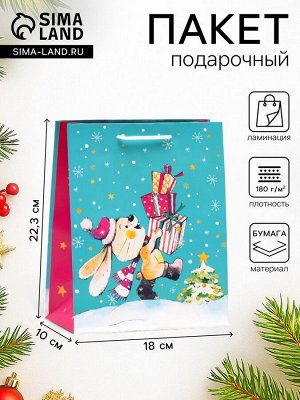 Пакет подарочный новогодний ламинированный «Зайчик с подарком другу», 18x22.3x10 см