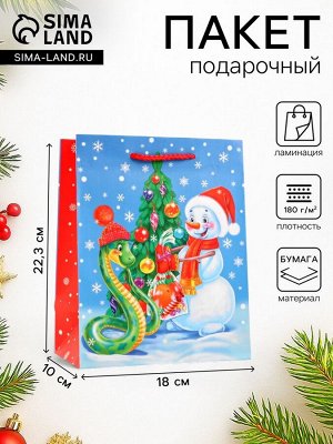 Пакет новогодний подарочный ламинированный «Змейка и снеговик», упаковка, 18x22.3x10 см