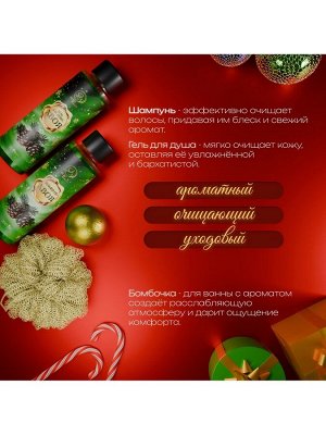 Новогодний подарочный набор косметики SB BEAUTY, шампунь, гель для душа, бомбочка, мочалка, с ароматом хвои и мандарина