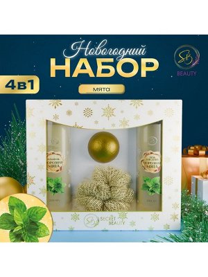 Новогодний подарочный набор косметики SB BEAUTY, шампунь, гель для душа, бомбочка, мочалка, с ароматом розы и мандарина
