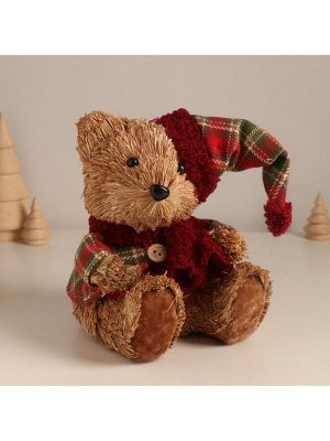 Фигурка новогодняя «Мишка в клетчатом костюме и колпаке», 17x16x13 см