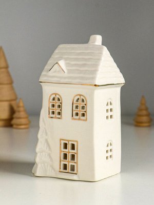 Фигурка светящаяся «Домик с ёлочкой», керамика, белый с золотом, 7.5x6.5x14 см
