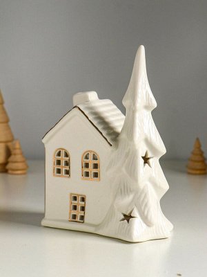 Фигурка светящаяся «Ель у домика», керамика, белый с золотом, 12x7.5x16 см
