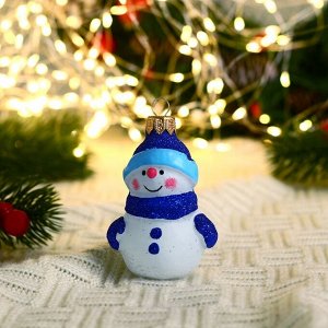 Ёлочная игрушка «Снеговичок в шапочке» ручная роспись, h=8.4 см, синий/белый