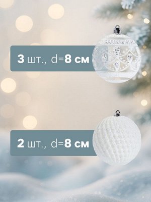 Ёлочные игрушки «Изморозь», шары новогодние, d=8 см, набор 5 шт., белый