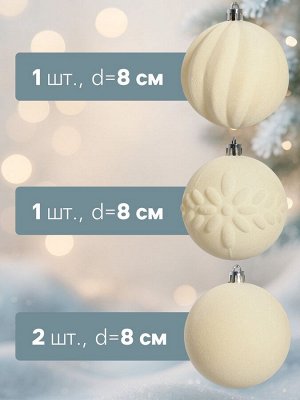 Ёлочные шары набор 4 шт., d=8 см «Бархатный зной» белый