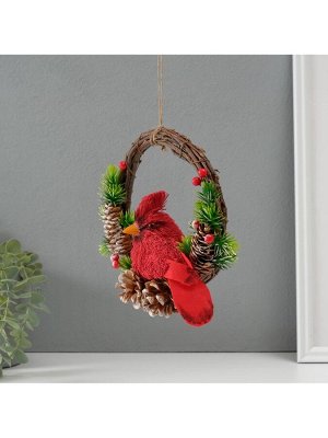 Фигурка подвеска «Красная птичка на венке с шишками», 7.5x20x20.5 см