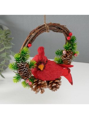 Фигурка подвеска «Красная птичка на венке с шишками», 7.5x20x20.5 см