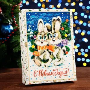 Коробка новогодняя подарочная сборная крышка - дно, «Зайки», 21*15*5.7 см