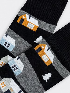 Носки мужские махровые черные с рисунком в виде домиков