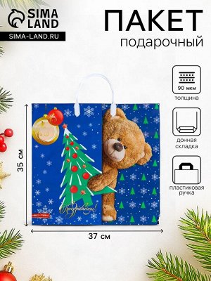 Пакет подарочный новогодний «Мишка с елкой», полиэтиленовый с пластиковой ручкой, 37x35 см
