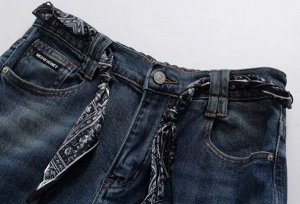 Джинсы прямые широкие с высокой посадкой + шарф, пояс на резинке, синий