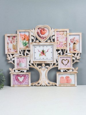 Фоторамка-коллаж на 9 фото с часами настенными «Семейное дерево», бесшумные, 51.5x65 см